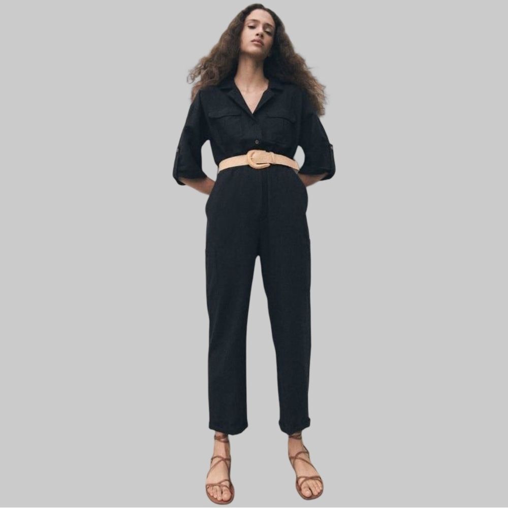 ZARA Linen Blend Button Front Utility Jumpsuit in Black | Medium